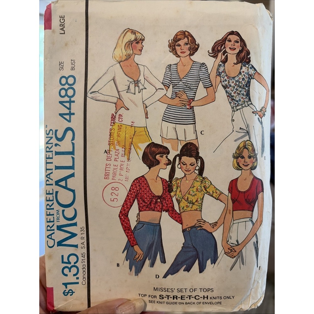 Vintage 1974 McCalls Sewing Pattern 4488 Misses Knit Tops Blouse Size Large Cut